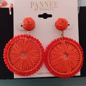 PANNEE By PANACEA Boho Chic Coral/Orange Rattan & Beaded Circle Drop Earrings